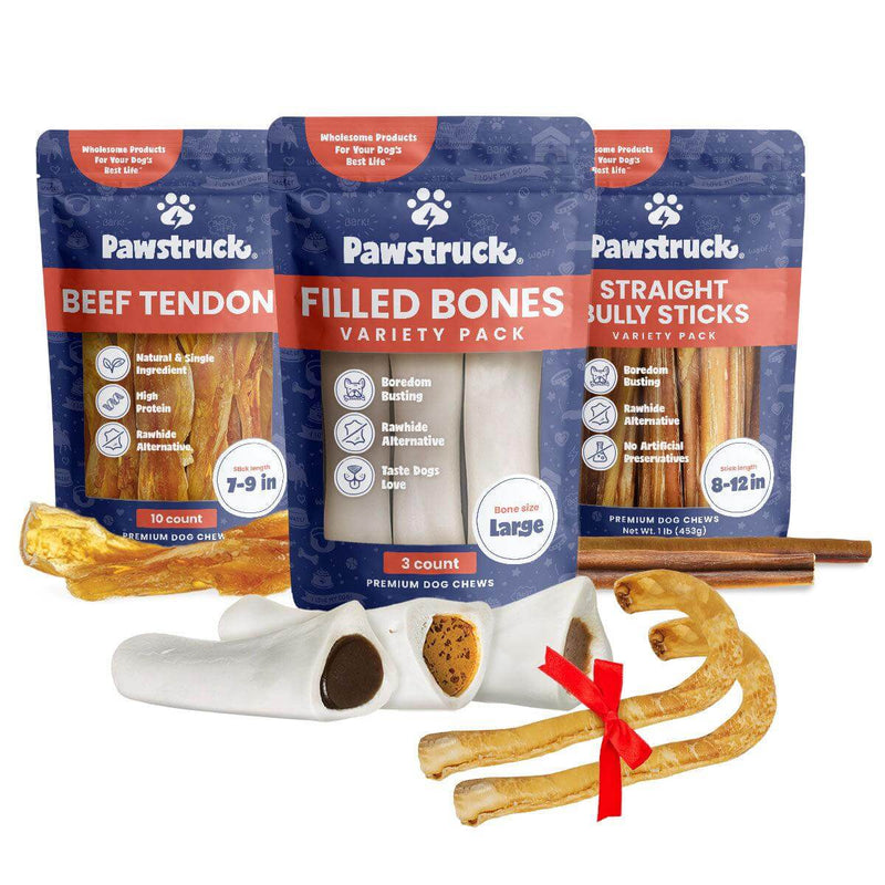 Image of Christmas Chew Time Bundle showcasing, Large Filled Bone Variety Pack (3 pack), Variety Bulk Straight Bully Sticks (8"-12") 1lb Bag, 2 Collagen Candy Cane Chews, and Beef Tendons (10 Pack)