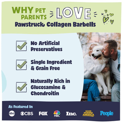 A picture of two people with a white dog and an explanation of why pet parents love Pawstruck Collagen Barbells