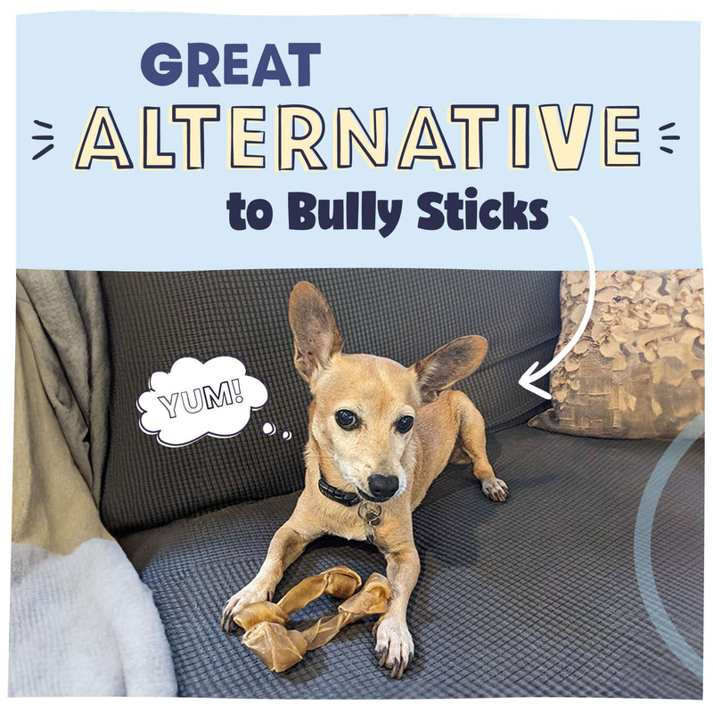 Cute small dog with 2 Collagen Barbells stating they are great alternative to bully sticks