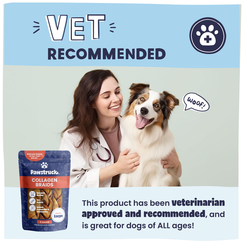 A picture of woman with dog stating this product is vet recommended