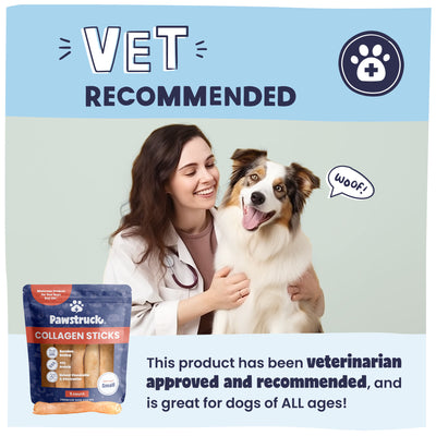 A picture of woman with dog stating this product is vet recommended