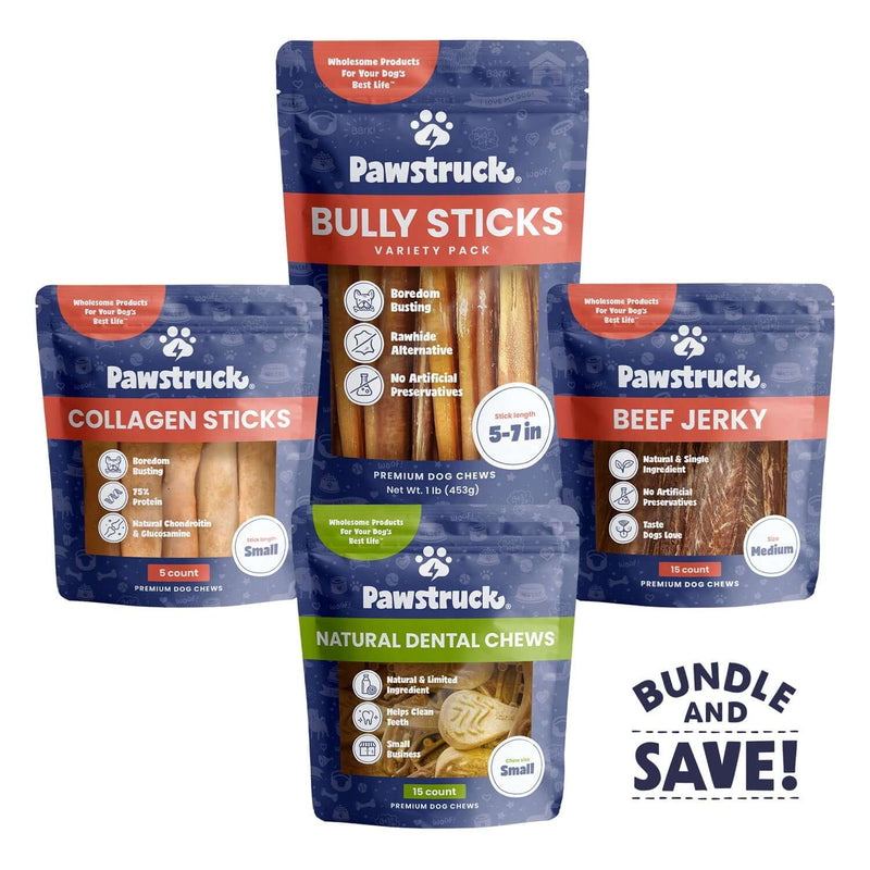 Contents of the Pawstruck Value Pack Bundle which includes Bulk Straight Bully Sticks, Large Beef Collagen Sticks, Daily Dental Chew Brushes, and Beef Jerky Joint Health Treats